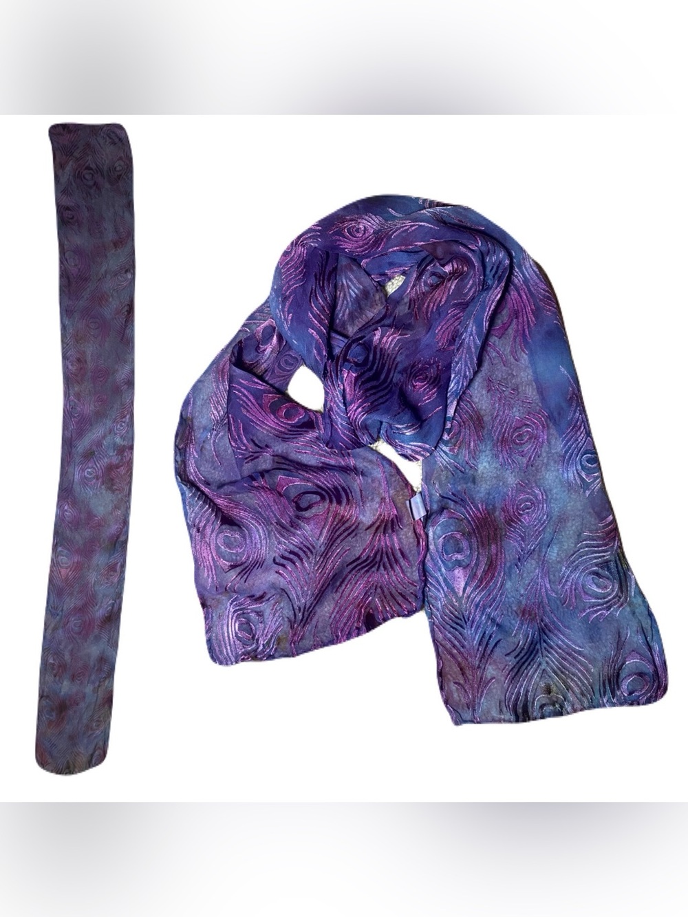 Hand Dyed Silk Scarf with Peacock Feather Pattern